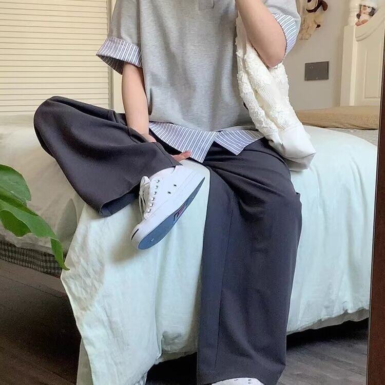 有货。假两件条纹polo领短袖t恤女宽松休闲上衣ST729-P38,男装T恤,星座412-3