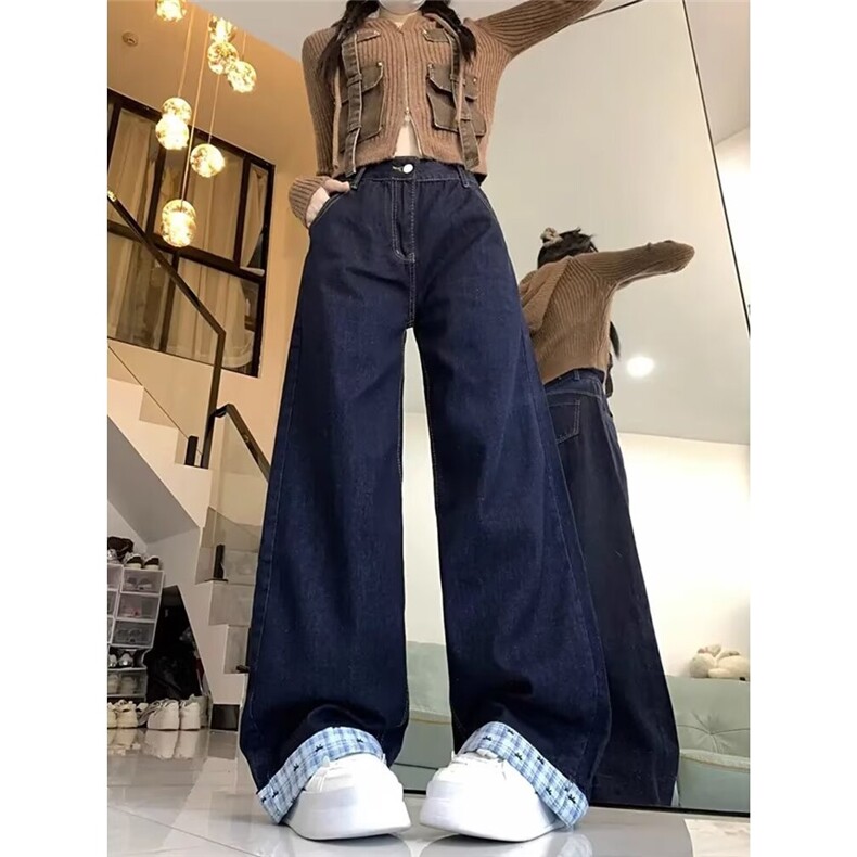深蓝色阔腿牛仔裤女春秋2025新款宽松垂感设计感拼接弯刀拖地裤子,男装牛仔裤,星座1210-1