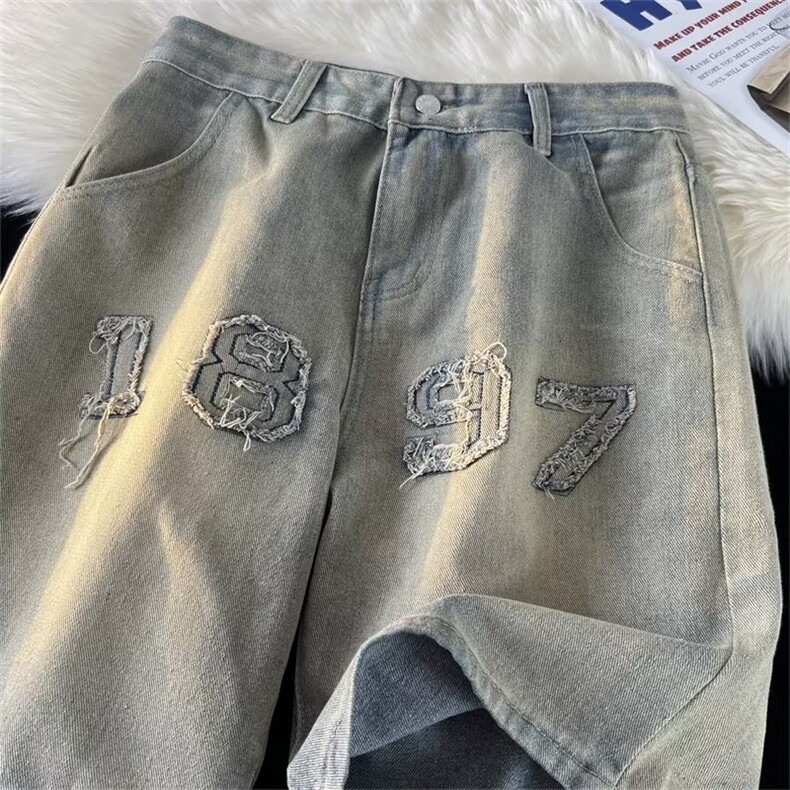 牛仔裤夏季短裤做旧宽松直筒文艺水洗男中腰无弹裤Z0640P40,男装牛仔裤,星座1116-2