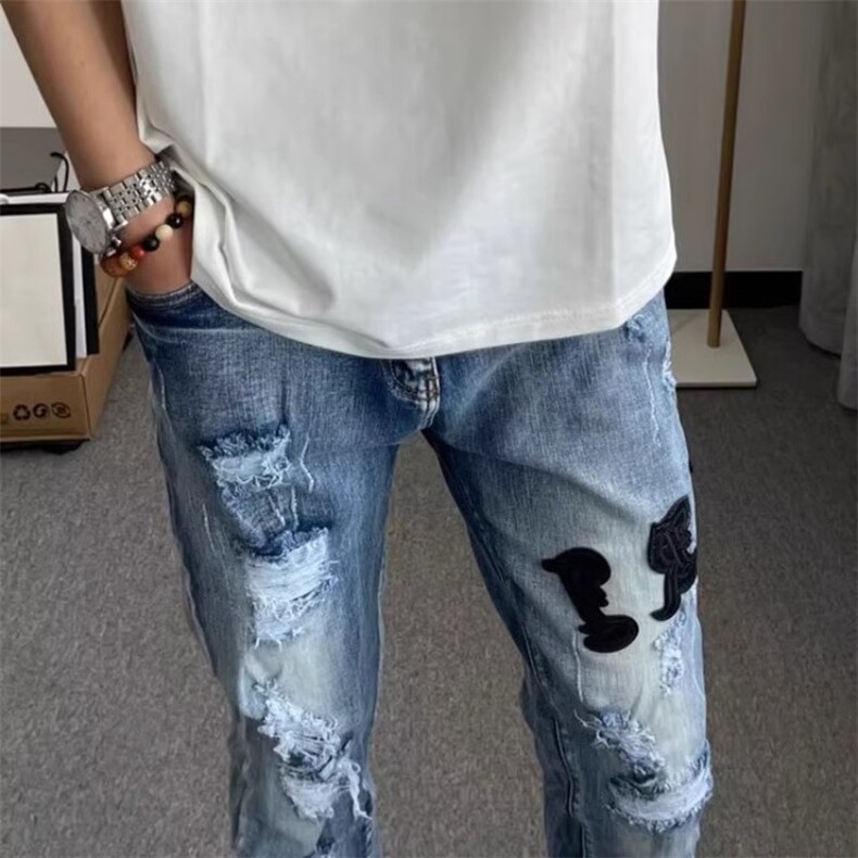欧美潮牌秋冬季破洞字母拼皮刺绣修身牛仔裤男潮流小脚休闲长裤,男装牛仔裤,星座506A