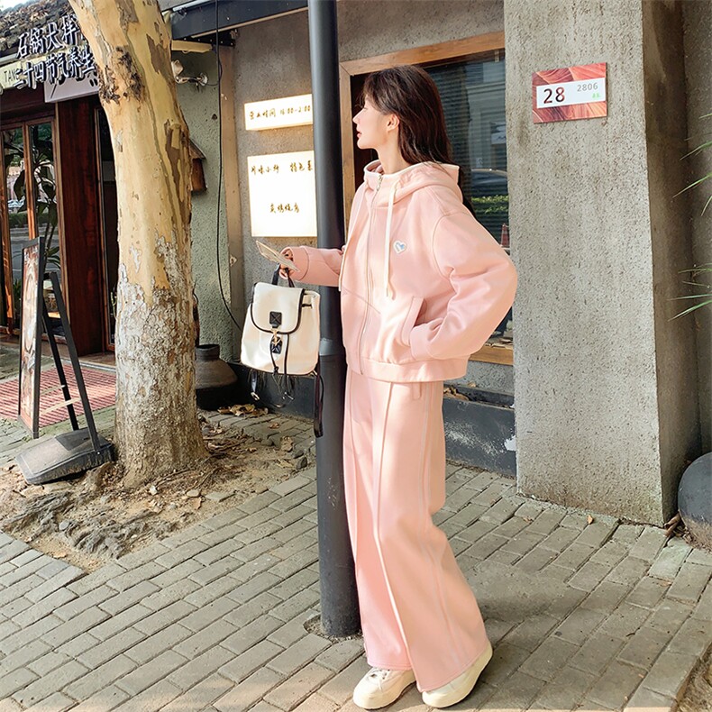 粉色盐甜系穿搭减龄显瘦连帽卫衣开衫套装女秋新款休闲长裤两件套,女装套装/套裙,2C010