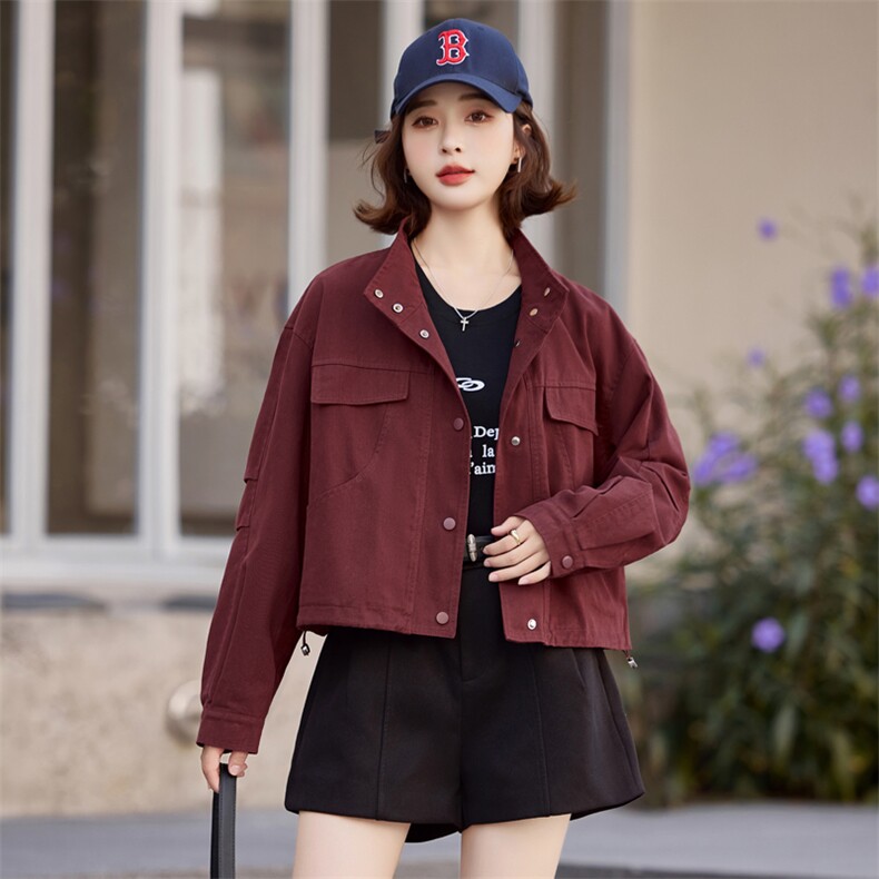 复古工装夹克外套女短款春秋新款时尚立领宽松休闲小个子显瘦上衣,女装短外套,米雪儿