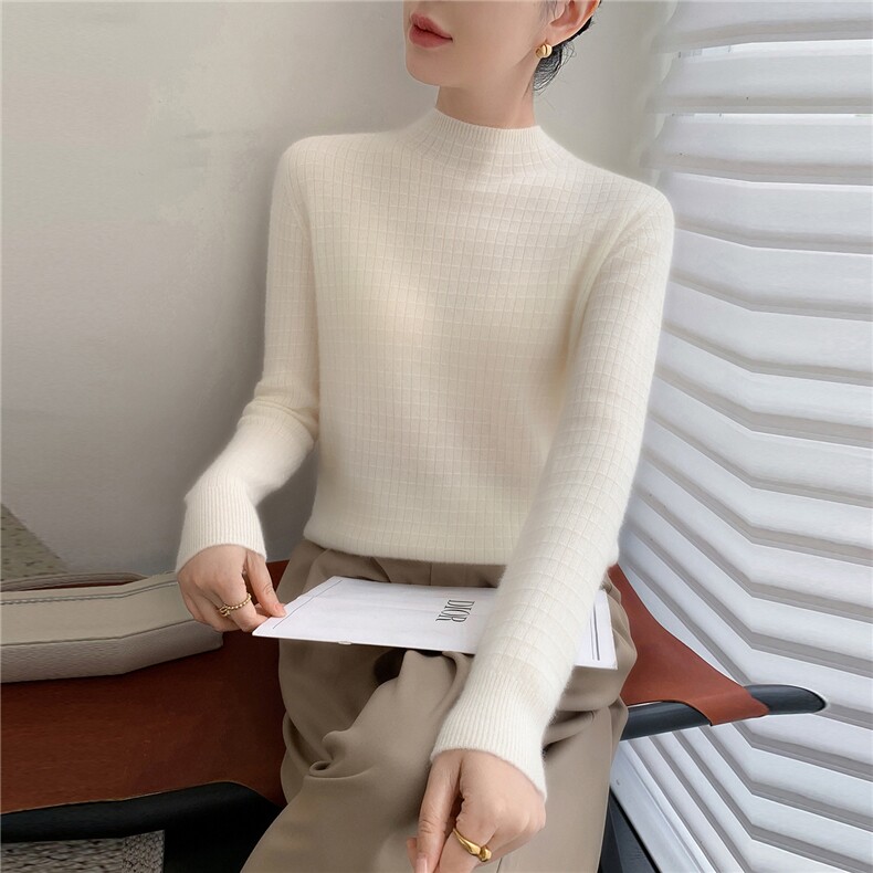 简约百搭修身羊绒衫2025秋冬女半高领纯色毛衣羊毛针织打底衫白色，女装羊绒衫，牧群羊绒