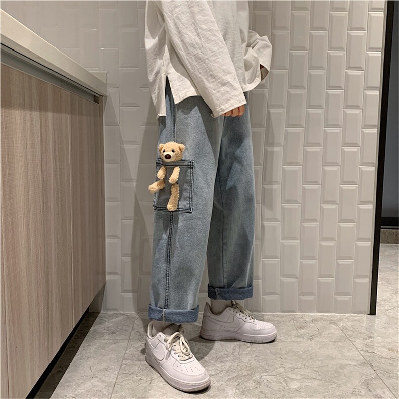 新款牛仔裤男直筒宽松2023春秋潮流中性潮牌小熊裤子1008-k69-p40,男装牛仔裤,星座1008