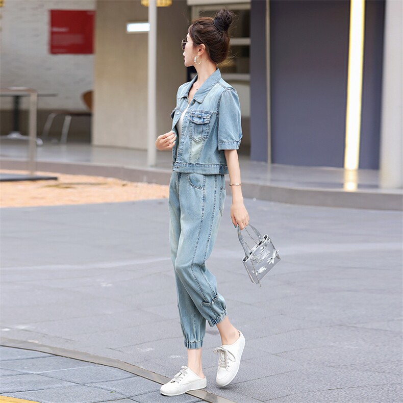 今年流行牛仔套装女夏季薄款短袖2025新款时尚洋气高端休闲两件套,女装套装/套裙,意芙