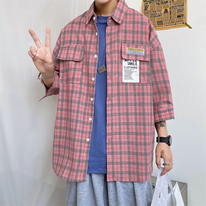 夏季ins超火的格子衬衫男夏季潮牌短袖衬衣CS13-P40,男装衬衫,电商A128