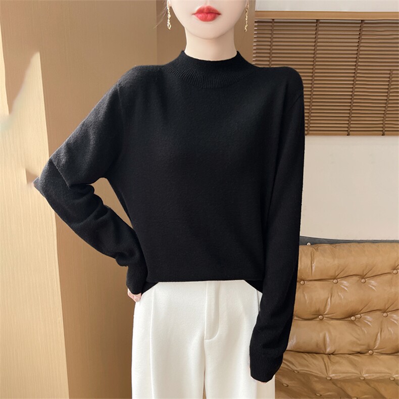 半高圆领套头毛衣女针织秋冬休闲加厚宽松保暖打底衫,针织衫/毛衣,解氏羊绒