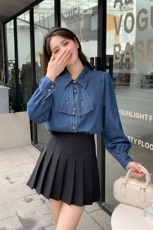 现货优雅气质宽松休闲衬衫蝴蝶结牛仔衬衣短外套，女装衬衫，心心服饰
