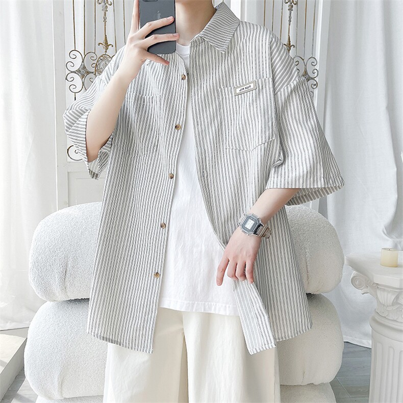 夏季潮流大码宽松百搭撞色贴标条纹短袖衬衫DC2218-P38【特价】,男装T恤,电商A007