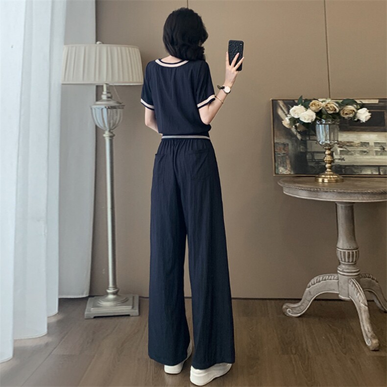 韩版休闲运动套装女夏季新款气质显瘦圆领拼接短袖阔腿长裤两件套,女装套装/套裙,2C310