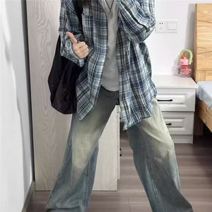 美式磨毛格子衬衫男春夏季潮牌宽松休闲cleanfit学生长袖衬衣外套图片