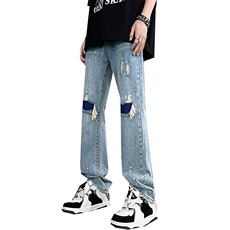 美式高街破洞补丁直筒牛仔裤潮流宽松休闲裤A161-S2336-P58，男装牛仔裤，电商A161