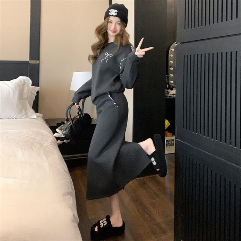 女春订珠蝴蝶结卫衣长款半裙洋气显高显瘦,女装套装/套裙,江南