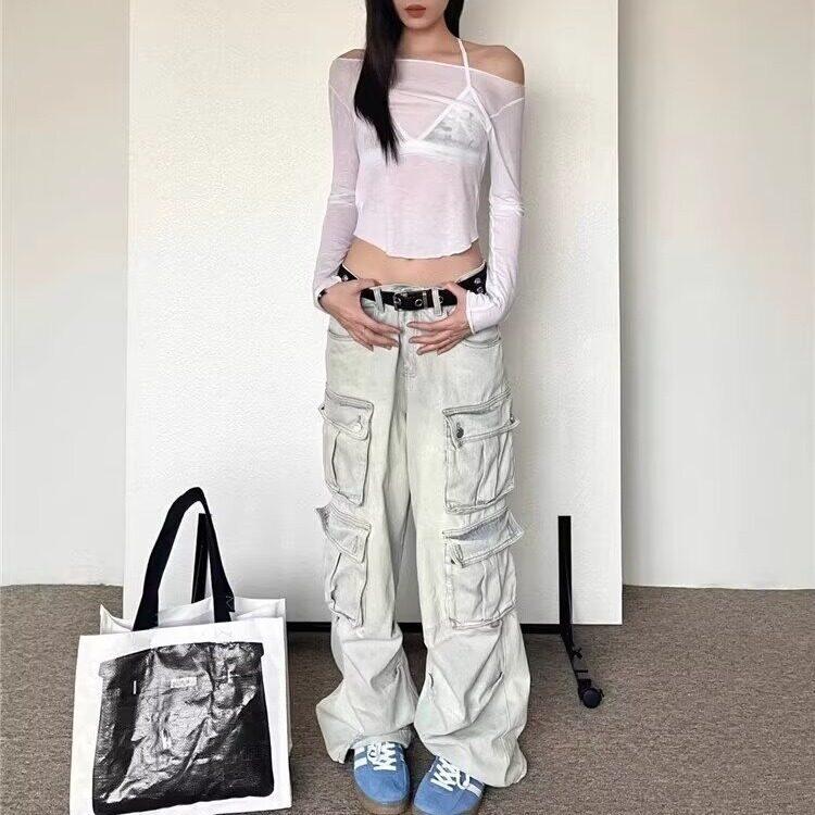 【有货】DKC627-批65美式复古水洗多口袋小众直筒工装牛仔裤男女图片