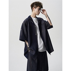 8XL-M夏季简约高级感冰丝牛仔古巴领男休闲痞帅宽松套装潮TZ109，男装休闲套装，电商D206-1