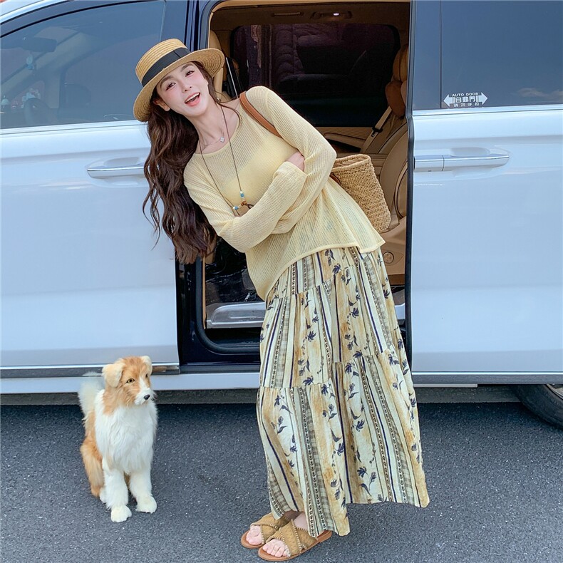 度假风针织罩衫印花半身裙套装女春季氛围感穿搭一整套,女装套装/套裙,维壹