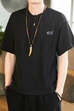 2021夏季新日系大码男棉小老鼠刺绣麻短袖亚麻风T恤T193-P30，男装T恤，电商A001