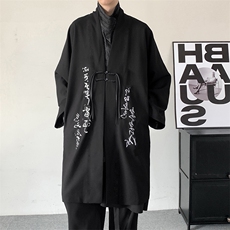 新风潮书法刺绣风衣新中式汉元素长款改良汉服开衫褙子外套，男装风衣，星座909
