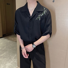 夏季新中式风男士古巴领刺绣短袖衬衫男纯色半袖衬衣CS867-P58，男装衬衫，电商B267