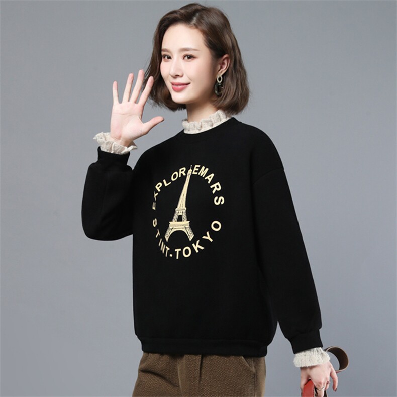 2021年冬季新款加绒加厚卫衣女宽松显瘦蕾丝边上衣服女春秋,女装卫衣/绒衫,简韵佳