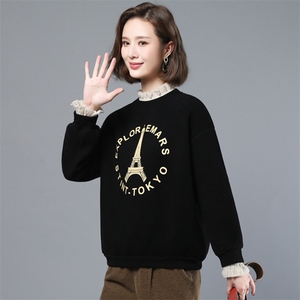 2021年冬季新款加绒加厚卫衣女宽松显瘦蕾丝边上衣服女春秋图片