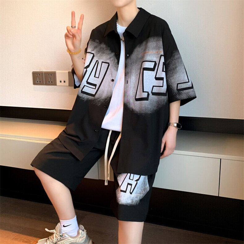 夏季新款开衫青少年套装时尚潮流男装两件套图片