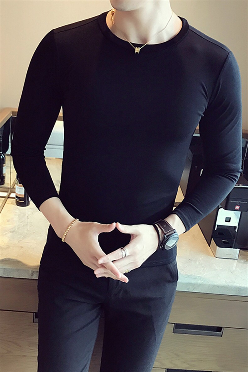 t508-p352021长袖T恤男秋季百搭纯色修身圆领内搭打底衫男黑首,男装T恤,电商D303