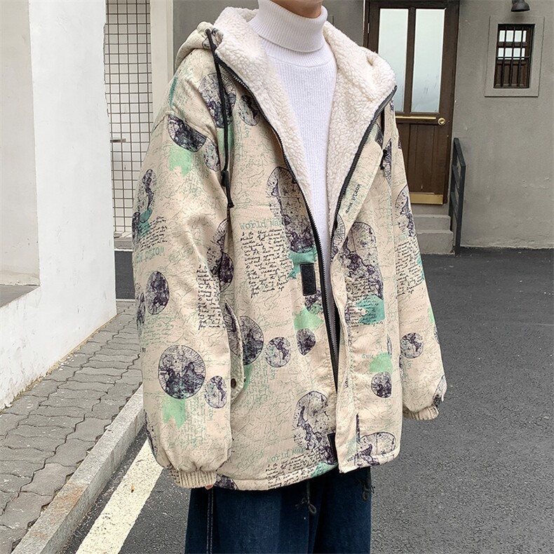 2025冬装涂鸦印花男士羊羔毛棉衣连帽宽松棉服棉袄M505-特P110,男装棉衣,电商A006