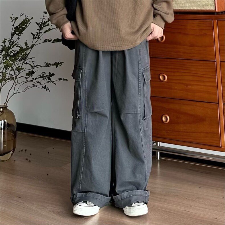 工装裤男款潮牌潮流ins直筒褶皱休闲裤夏季美式阔腿宽松伐木裤子,女装休闲裤,星座1210-1