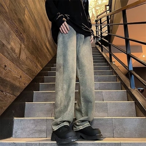 美式休闲黄泥染牛仔裤男直筒宽松潮牌长裤秋季复古垂感阔腿-K9009图片