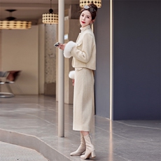 2023冬装女时尚潮流小香风羽绒服真狐狸袖毛白鸭绒套装，女装套装/套裙，艾贝斯