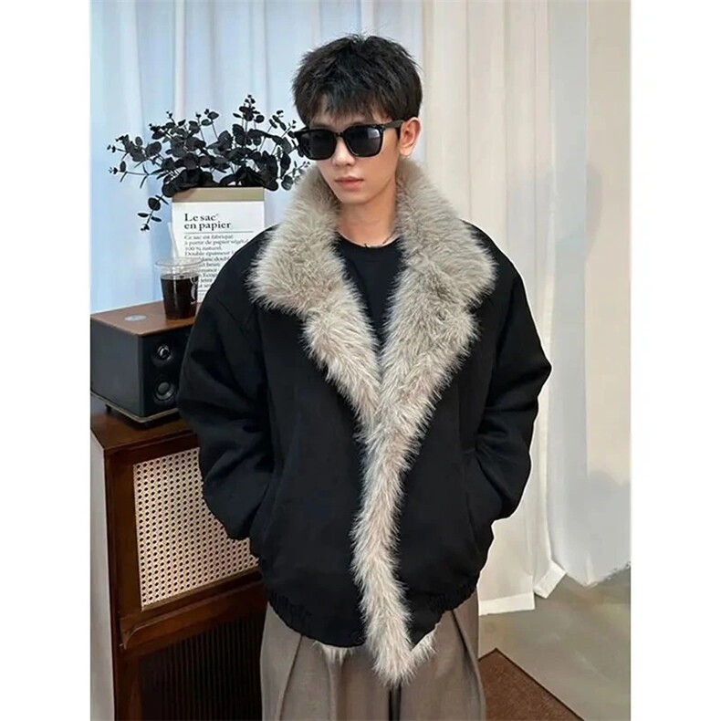 现货重磅硬挺boxy羽绒棉衣座山雕大毛毛领洗水麂皮棉服冬外套，男装棉衣，电商A443