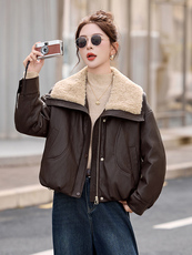 羊羔毛领拼接PU皮羽绒服女2025冬季新款小个子气质显瘦白鸭绒外套，女装羽绒服，衣之秀