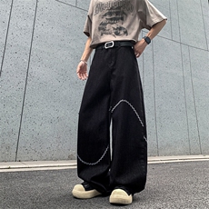 黑色弧线刺绣弯刀牛仔裤男街头宽松阔腿显瘦百搭长裤TR926P58，男装牛仔裤，星座1013-1