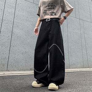 黑色弧线刺绣弯刀牛仔裤男街头宽松阔腿显瘦百搭长裤TR926 P58图片