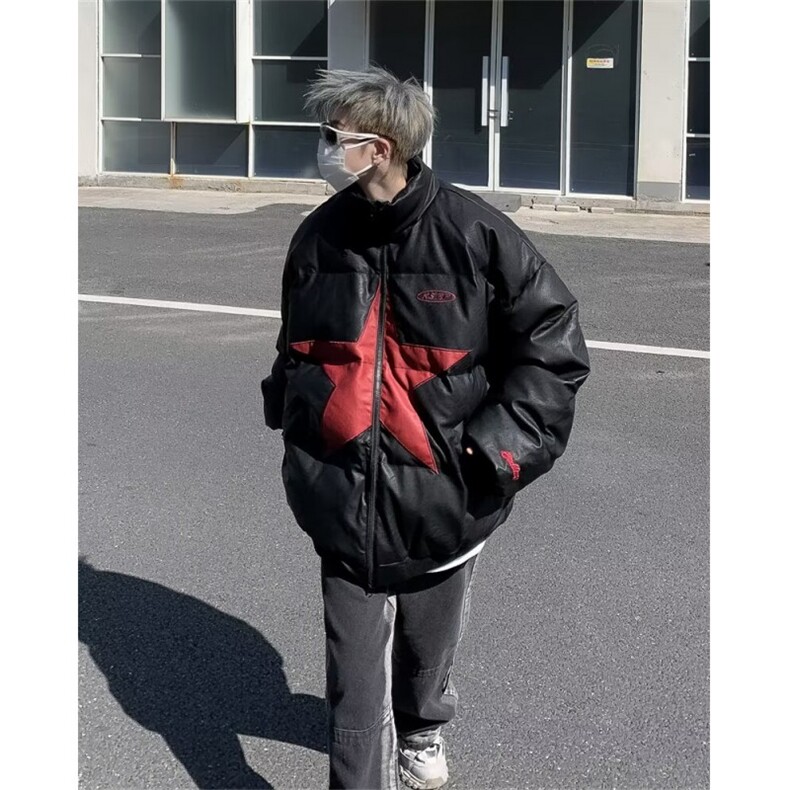 美式高街复古星星PU皮立领棉衣男女冬季加厚棉服W162P95,男装棉衣,星座1116-2