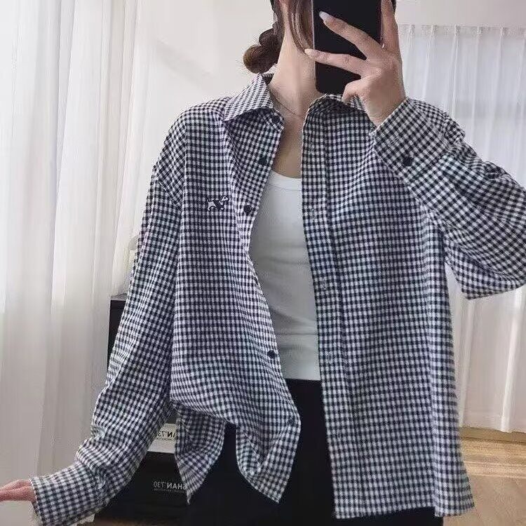 TY1008-P35春秋文艺复古小格子双层棉纱长袖衬衫女宽松百搭,男装衬衫,电商B323A