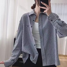 TY1008-P35春秋文艺复古小格子双层棉纱长袖衬衫女宽松百搭，男装衬衫，电商B323A