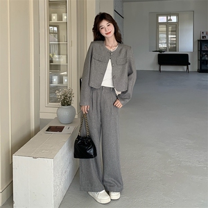 韩版小香风套装女2025早春新款高级感休闲时尚洋气阔腿长裤两件套图片