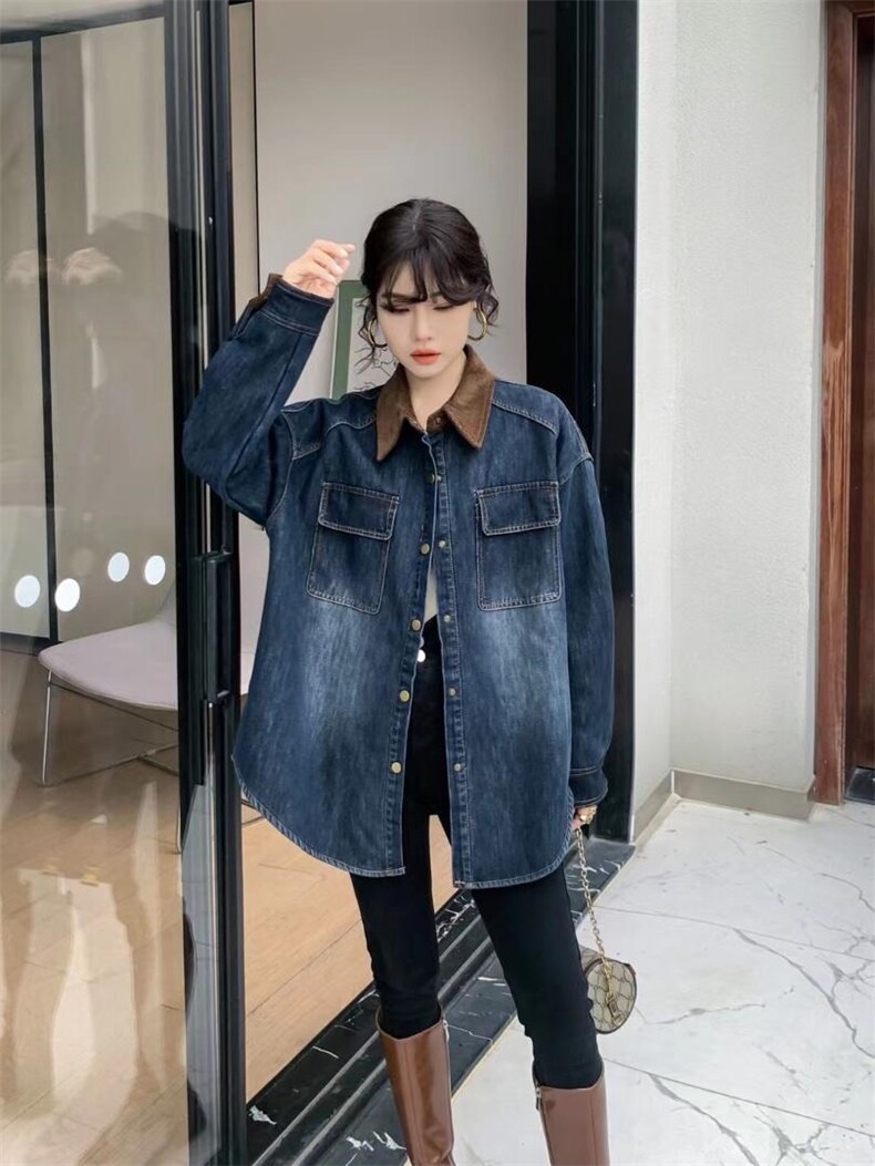 爱美欧现货撞色领加绒牛仔衬衣，其它，爱美欧