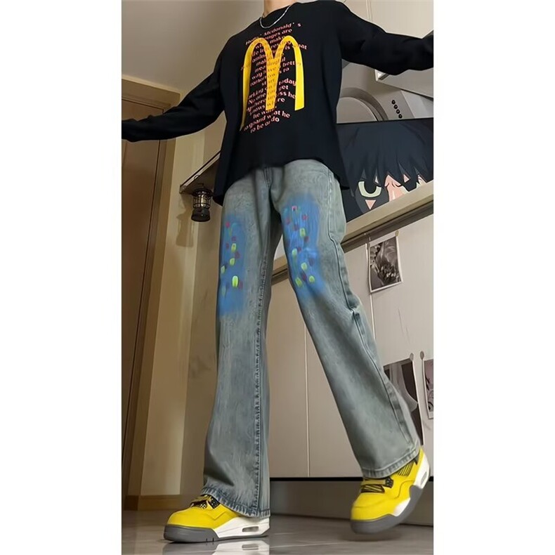 美式复古hiphop裤子男涂鸦设计感牛仔裤痞帅炸街直筒裤X9088-p48,男装牛仔裤,星座1008