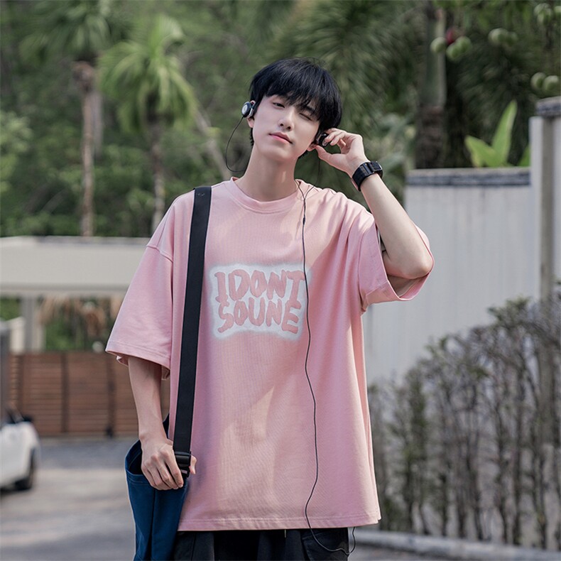 港风少年休闲宽松半袖字母简约情侣男装T恤B225-T9222-P40-X55图片