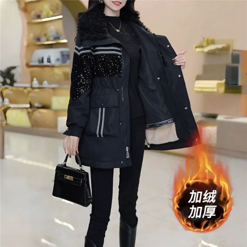【大货已出】加绒加厚派克服女新款洋气收腰显瘦中长款保暖外套女,女装皮草,韩蔻秀