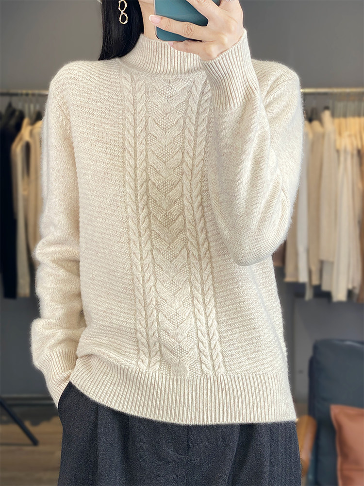 2025年秋季新款百搭加厚款麻花长袖高领套头衫，女装羊毛衫，浙麦羊绒