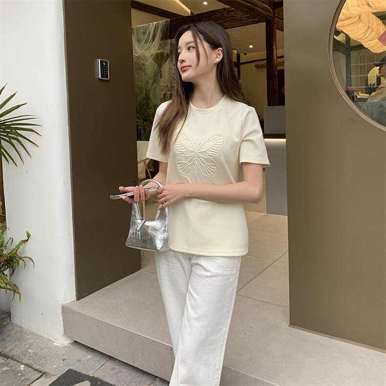 现货已出，2024夏季前片蝴蝶印花P45-K75,女装T恤,慧峰