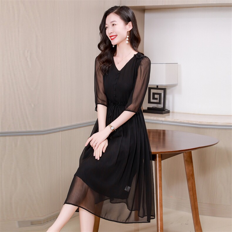 v领纯色桑蚕丝长裙女2025夏装新款抽绳通勤气质款收腰真丝连衣裙,女装连衣裙,阿舍尔精品