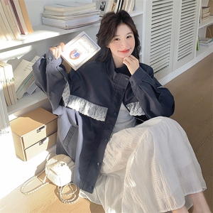 藏青色韩版宽松蕾丝拼接冲锋衣女春秋新款小个子休闲减龄短外套图片
