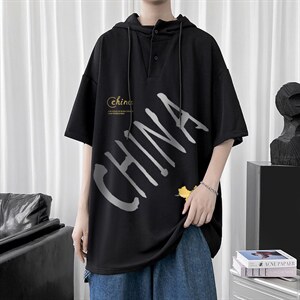 LD54208-P45 连帽短袖t恤男大码胖子带帽五分袖中袖图片
