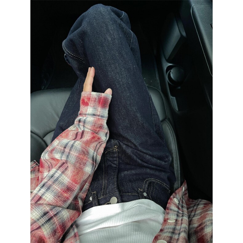 小众格子拼接卷边深蓝色牛仔裤男女薄款阔腿拖地长裤N936,男装牛仔裤,星座1116A（原606A-3）