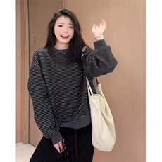 韩系慵懒条纹圆领卫衣女秋季新款设计感宽松显瘦百搭休闲长袖上衣，男装卫衣，星座516A